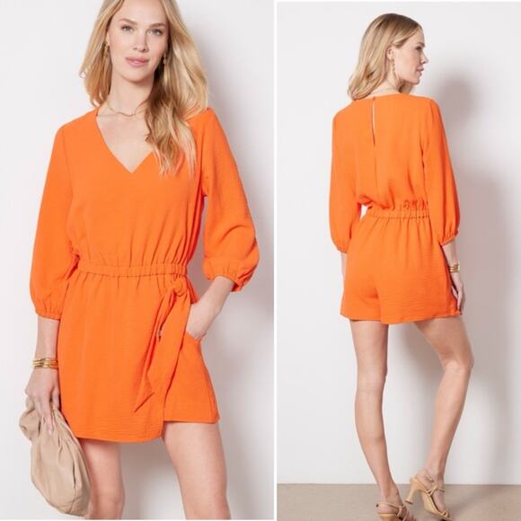 Evereve Pants - EVEREVE Brinley Skort Wrap Front Long Sleeve V Neck Romper orange size XS